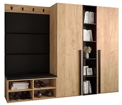 MEBLE KRYSPOL Garderobe MIRO Set 8 mit gepolsterten Paneelen Modern Design (schwarzes Öko-Leder, Eiche Kraft Gold + Schwarz Matt) von MEBLE KRYSPOL