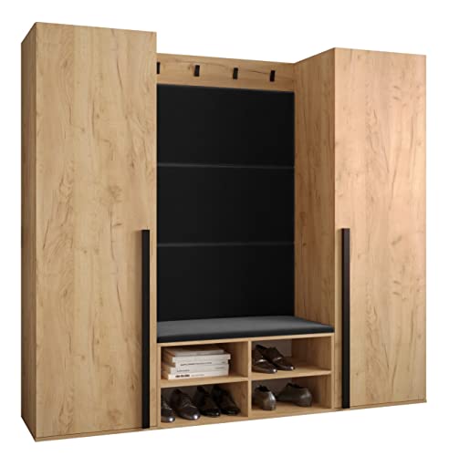 MEBLE KRYSPOL Garderobe MIRO Set 9 mit gepolsterten Paneelen Modern Design (Manila 18 (Schwarz), Eiche Kraft Gold + Schwarz Matt) von MEBLE KRYSPOL