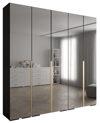 MEBLE KRYSPOL Inova 1 Moderner Schrank mit Spiegel, Regalen - Aufbewahrungsschrank für Schlafzimmer, Wohnzimmer - 236,7x250x47 cm - KGoldpusfarbe Schwarz - Frontfarbe Schwarz - Grifffarbe Gold von MEBLE KRYSPOL