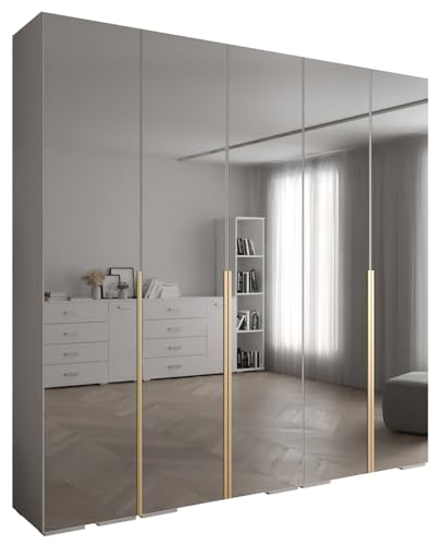 MEBLE KRYSPOL Inova 1 Moderner Schrank mit Spiegel, Regalen - Aufbewahrungsschrank für Schlafzimmer, Wohnzimmer - 236,7x250x47 cm - KGoldpusfarbe Weiß - Frontfarbe Weiß - Grifffarbe Gold von MEBLE KRYSPOL