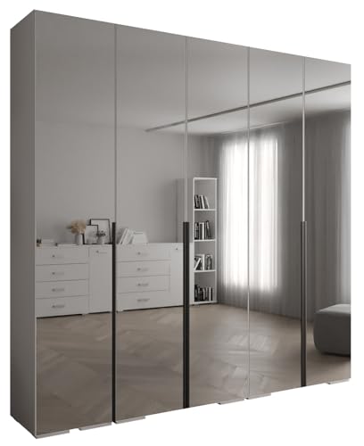 MEBLE KRYSPOL Inova 1 Moderner Schrank mit Spiegel, Regalen - Aufbewahrungsschrank für Schlafzimmer, Wohnzimmer - 236,7x250x47 cm - KGoldpusfarbe Weiß - Frontfarbe Weiß - Grifffarbe Schwarz von MEBLE KRYSPOL