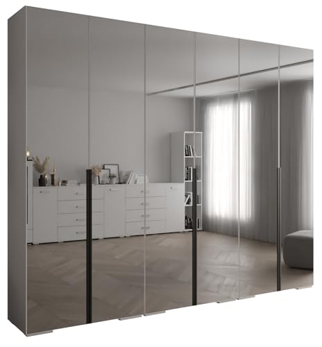 MEBLE KRYSPOL Inova 1 Moderner Schrank mit Spiegel, Regalen - Aufbewahrungsschrank für Schlafzimmer, Wohnzimmer - 236,7x300x47 cm - KGoldpusfarbe Weiß - Frontfarbe Weiß - Grifffarbe Schwarz von MEBLE KRYSPOL