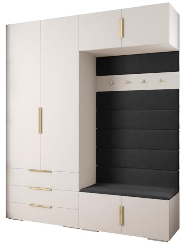 MEBLE KRYSPOL Inova 1 Möbelset - Moderne Garderobe - für Schlafzimmer, Wohnzimmer, Flur, Kinderzimmer - Ankleidemöbel - 236,7x200x47cm - Weiß, Paneele Manila 18, Handgriff Gold von MEBLE KRYSPOL