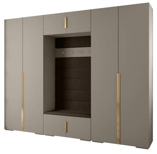 MEBLE KRYSPOL Inova 1 Möbelset - Moderne Garderobe - für Schlafzimmer, Wohnzimmer, Flur, Kinderzimmer - Ankleidemöbel - 236,7x300x47cm - Kaschmir, Paneele Manila 04, Handgriff Gold von MEBLE KRYSPOL