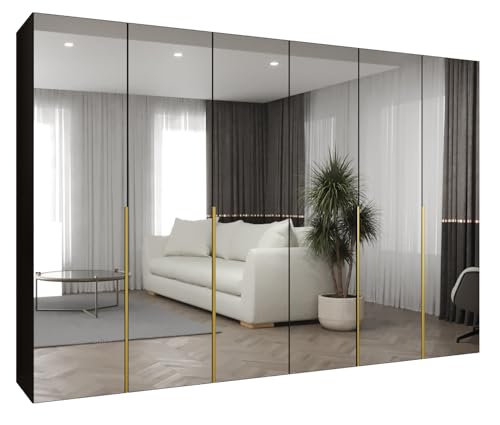 MEBLE KRYSPOL - Kleiderschrank mit Spiegel - Drehtürenschrank - Schrank 300 x 202 x 52 cm - Garderobenschrank Schlafzimmer, Flur, Jugendzimmer - Schwarz, Griff Gold - Alicante 3 von MEBLE KRYSPOL