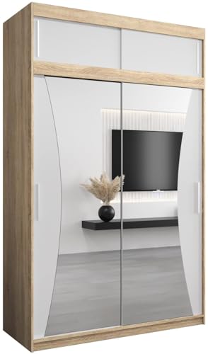 MEBLE KRYSPOL Kleiderschrank mit Spiegel Monaco - Garderobenschrank - Schrank Schlafzimmer - Mehrzweckschrank Zwei Schiebetüren - Regalen - Flur Möbel - Kleiderstange Schrank - Allzweckschrank von MEBLE KRYSPOL