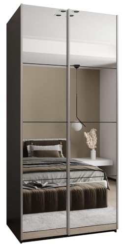 MEBLE KRYSPOL LUX 2 Schrank, 2 Schiebetüren mit Spiegel, geräuschlos schließend - System HETTICH Topline L - für Wohnzimmer, Schlafzimmer - 245,5x100x64cm - Schwarz, Schwarz, Silber von MEBLE KRYSPOL