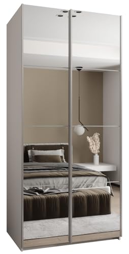 MEBLE KRYSPOL LUX 2 Schrank, 2 Schiebetüren mit Spiegel, geräuschlos schließend - System HETTICH Topline L - für Wohnzimmer, Schlafzimmer - 245,5x110x64cm - Weiß, Weiß, Silber von MEBLE KRYSPOL