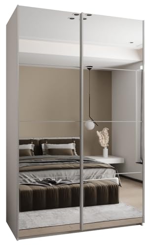 MEBLE KRYSPOL LUX 2 Schrank, 2 Schiebetüren mit Spiegel, geräuschlos schließend - System HETTICH Topline L - für Wohnzimmer, Schlafzimmer - 245,5x150x64cm - Weiß, Weiß, Silber von MEBLE KRYSPOL