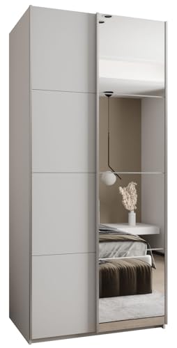 MEBLE KRYSPOL LUX 3 Eleganter 2-türiger Schwebetürenschrank mit Spiegel an der Tür - Leise schließend - HETTICH Topline L System - 245,5x100x64cm - Weiß, Weiß, Silber von MEBLE KRYSPOL
