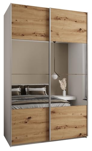 MEBLE KRYSPOL LUX 4 Schrank mit 2 Schiebetüren mit elegantem Spiegel in der Mitte der Front - Geräuschloses Schließen - System HETTICH Topline L - 245,5x150x64cm - Weiß, Artisan, Silber von MEBLE KRYSPOL