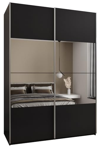 MEBLE KRYSPOL LUX 4 Schrank mit 2 Schiebetüren mit elegantem Spiegel in der Mitte der Front - Geräuschloses Schließen - System HETTICH Topline L - 245,5x180x64cm - Schwarz, Schwarz, Silber von MEBLE KRYSPOL