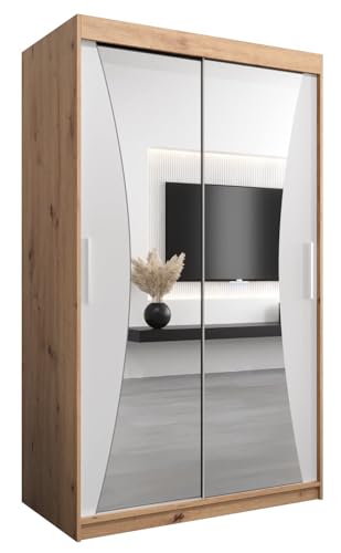 MEBLE KRYSPOL Kleiderschrank mit Spiegel Monaco - Garderobenschrank - Schrank Schlafzimmer - Mehrzweckschrank Zwei Schiebetüren - Regalen - Flur Möbel - Kleiderstange Schrank - Allzweckschrank von MEBLE KRYSPOL