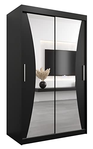 MEBLE KRYSPOL Monaco 120 Schlafzimmerschrank mit Zwei Schiebetüren, Spiegel, Kleiderstange und Regalen – 120x200x62cm - Mattschwarz von MEBLE KRYSPOL