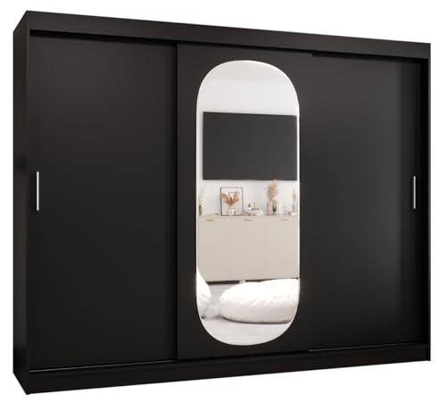 MEBLE KRYSPOL ROYAL 250 Kleiderschrank mit DREI Schiebetüren für Schlafzimmer – moderner Aufbewahrungsschrank mit Kleiderstange und Regalen – 250x200x62cm - Mattschwarz von MEBLE KRYSPOL