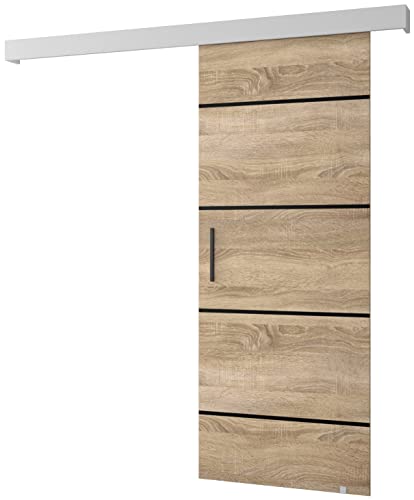 MEBLE KRYSPOL Schiebetürsystem Salwador 4 Komplett-Set für Schiebetüren, Trennwände Innentüren, Modern Design (Sonoma Eiche/Gitter: weiß matt/Griff und Streife: schwarz) | 90 cm x 204 cm von MEBLE KRYSPOL