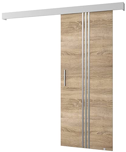 MEBLE KRYSPOL Schiebetürsystem Salwador 5 Komplett-Set für Schiebetüren, Trennwände Innentüren, Modern Design (Sonoma Eiche/Gitter: weiß matt/Griff und Streife: silber) | 90 cm x 204 cm von MEBLE KRYSPOL