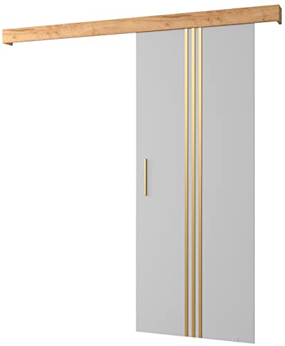 MEBLE KRYSPOL Schiebetürsystem Salwador 5 Komplett-Set für Schiebetüren, Trennwände Innentüren, Modern Design (weiß matt/Gitter: Craft Gold Eiche/Griff und Streife: gold) | 90 cm x 204 cm von MEBLE KRYSPOL