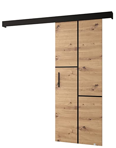 MEBLE KRYSPOL Schiebetürsystem Salwador 7 Komplett-Set für Schiebetüren, Trennwände Innentüren, Modern Design (Artisan Eiche/Gitter: schwarz matt/Griff und Streife: schwarz) 90 cm x 204 cm von MEBLE KRYSPOL