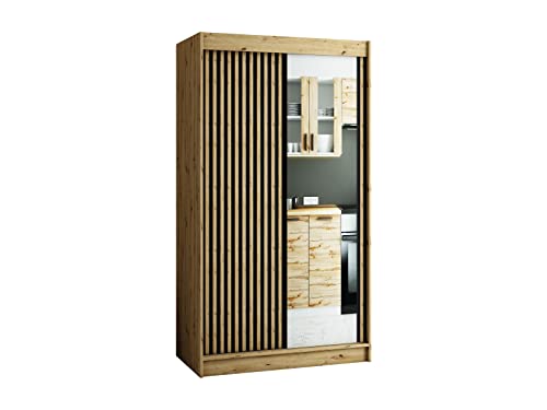 MEBLE KRYSPOL Schwebetürenschrank LAMELO 2 mit Zierstreifen und Spiegel, Kleiderschrank mit 2 Kleiderstange, Modern Design (120 cm) von MEBLE KRYSPOL