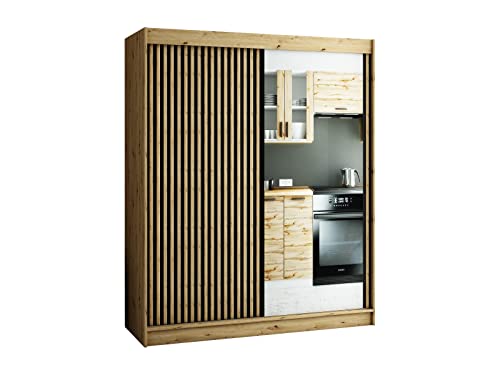 MEBLE KRYSPOL Schwebetürenschrank LAMELO 2 mit Zierstreifen und Spiegel, Kleiderschrank mit 2 Kleiderstange, Modern Design (180 cm) von MEBLE KRYSPOL