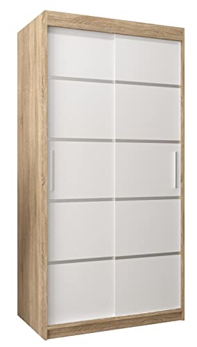 MEBLE KRYSPOL Schwebetürenschrank Verona 1 100 cm Kleiderschrank mit Kleiderstange und Einlegeboden Schlafzimmer- Wohnzimmerschrank Schiebetüren Modern Design (Schubladen: 0, Sonoma + Weiß) von MEBLE KRYSPOL