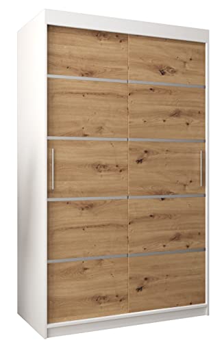 MEBLE KRYSPOL Schwebetürenschrank Verona 1 120 cm Kleiderschrank mit Kleiderstange und Einlegeboden Schlafzimmer- Wohnzimmerschrank Schiebetüren Modern Design (Schubladen: 0, Weiß + Artisan Eiche) von MEBLE KRYSPOL