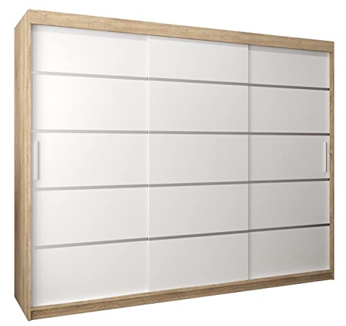 MEBLE KRYSPOL Schwebetürenschrank Verona 1 250 cm Kleiderschrank mit Kleiderstange und Einlegeboden Schlafzimmer- Wohnzimmerschrank Schiebetüren Modern Design (Schubladen: 0, Sonoma + Weiß) von MEBLE KRYSPOL