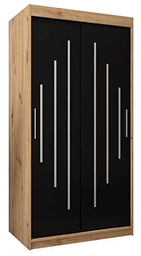 MEBLE KRYSPOL Schwebetürenschrank York 100 cm Kleiderschrank mit Kleiderstange und Einlegeboden Schlafzimmer- Wohnzimmerschrank Schiebetüren Modern Design (Artisan Eiche + Schwarz) von MEBLE KRYSPOL