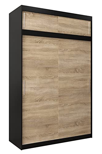 MEBLE KRYSPOL Tokyo 150 Kleiderschrank mit Zwei Schiebetüren für Schlafzimmer – moderner Aufbewahrungsschrank mit Kleiderstange und Regalen – 150x240x62cm - Mattschwarz + Sonoma mit Verlängerung von MEBLE KRYSPOL