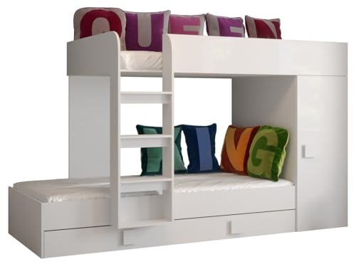 MEBLE KRYSPOL Toledo 2 Hochbett für 2 Kinder, Jugendliche mit Stauraum - Etagenbett mit Schreibtisch, Kleiderschrank, Regal, Schubladen, Treppe - 254x94x165 cm - Weiß, Weiß, Weiß von MEBLE KRYSPOL