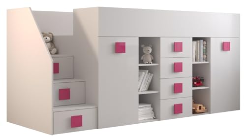 MEBLE KRYSPOL Toledo 3 Hochbett für Kinder, Jugendliche mit Stauraum - Etagenbett mit Schreibtisch, Kleiderschrank, Regal, Schubladen, Treppe - 248,5x93x123 cm - Weiß, Weiß, Rosa von MEBLE KRYSPOL