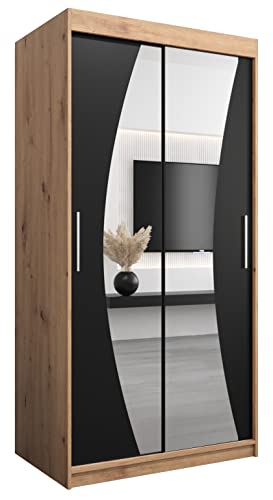 MEBLE KRYSPOL Wave 100 Schlafzimmerschrank mit Zwei Schiebetüren, Spiegel, Kleiderstange und Regalen – 100x200x62cm - Artisan + Mattschwarz von MEBLE KRYSPOL