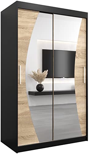 MEBLE KRYSPOL Wave 120 Schlafzimmerschrank mit Zwei Schiebetüren, Spiegel, Kleiderstange und Regalen – 120x200x62cm - Mattschwarz + Sonoma von MEBLE KRYSPOL