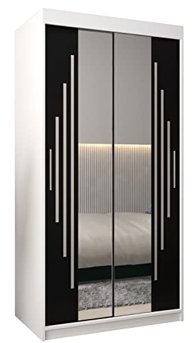 MEBLE KRYSPOL York 1 100 Schlafzimmerschrank mit Zwei Schiebetüren, Spiegel, Kleiderstange und Regalen – 100x200x62cm - Mattweiß + Mattschwarz von MEBLE KRYSPOL