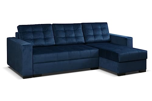 MEBLE-LUX - Ecksofa LARO I Eckcouch mit Schlaffunktion I Federkern I Einfacher Klappmechanismus I Bettfunktion I Zusätzlicher Stauraum I Plüsch Marineblau von MEBLE-LUX