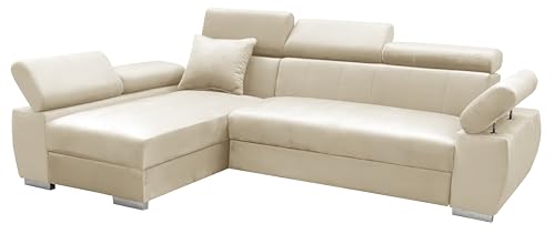 MEBLE-LUX - Ecksofa OTTO, Eckcouch mit Schlaffunktion, Federkern, Verstellbare Kopfstützen, Einfacher Klappmechanismus, Bettfunktion, Zusätzlicher Stauraum, Plüsch Beige, Links von MEBLE-LUX