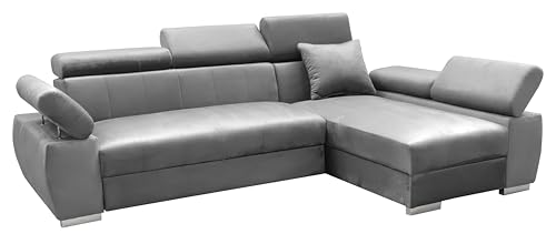 MEBLE-LUX - Ecksofa OTTO, Eckcouch mit Schlaffunktion, Federkern, Verstellbare Kopfstützen, Einfacher Klappmechanismus, Bettfunktion, Zusätzlicher Stauraum, Plüsch Grau, Rechts von MEBLE-LUX