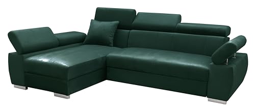 MEBLE-LUX - Ecksofa OTTO, Eckcouch mit Schlaffunktion, Federkern, Verstellbare Kopfstützen, Einfacher Klappmechanismus, Bettfunktion, Zusätzlicher Stauraum, Plüsch Grün, Links von MEBLE-LUX