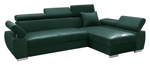 MEBLE-LUX - Ecksofa OTTO, Eckcouch mit Schlaffunktion, Federkern, Verstellbare Kopfstützen, Einfacher Klappmechanismus, Bettfunktion, Zusätzlicher Stauraum, Plüsch Grün, Rechts von MEBLE-LUX