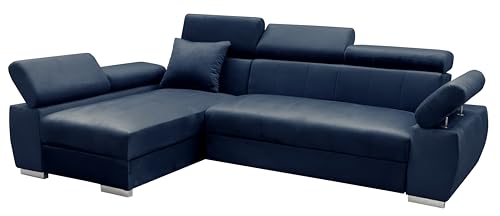 MEBLE-LUX - Ecksofa OTTO, Eckcouch mit Schlaffunktion, Federkern, Verstellbare Kopfstützen, Einfacher Klappmechanismus, Bettfunktion, Zusätzlicher Stauraum, Plüsch Marineblau, Links von MEBLE-LUX