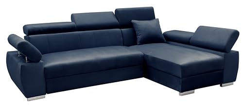 MEBLE-LUX - Ecksofa OTTO, Eckcouch mit Schlaffunktion, Federkern, Verstellbare Kopfstützen, Einfacher Klappmechanismus, Bettfunktion, Zusätzlicher Stauraum, Plüsch Marineblau, Rechts von MEBLE-LUX