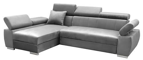 MEBLE-LUX - Ecksofa OTTO, Eckcouch mit Schlaffunktion, Federkern, Verstellbare Kopfstützen, Einfacher Klappmechanismus, Bettfunktion, Zusätzlicher Stauraum, Plüsch Grau, Links von MEBLE-LUX