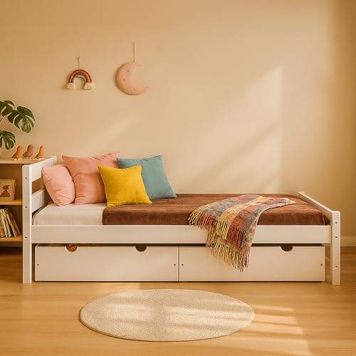 MEBLE WRÓBEL Kinderbett 80x190 cm in Weiß - Jugendbett Bett - Einzelbett aus Kiefernholz, MDF & HDF - mit 2 Schubladen und Lattenrost - Tagesbett ohne Matratze MEBLE WRÓBEL Kinderbett 80x190 cm in Weiß - Jugendbett Bett - Einzelbett aus Kiefernholz, MDF & HDF - mit 2 Schubladen und Lattenrost - Tagesbett ohne Matratze von MEBLE WRÓBEL