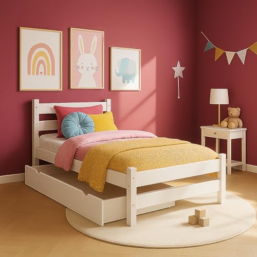 MEBLE WRÓBEL Kinderbett 80x190 cm in Weiß - Jugendbett Bett - Einzelbett aus Kiefernholz, MDF & HDF - mit Schublade und Lattenrost - Tagesbett ohne Matratze MEBLE WRÓBEL Kinderbett 80x190 cm in Weiß - Jugendbett Bett - Einzelbett aus Kiefernholz, MDF & HDF - mit Schublade und Lattenrost - Tagesbett ohne Matratze von MEBLE WRÓBEL