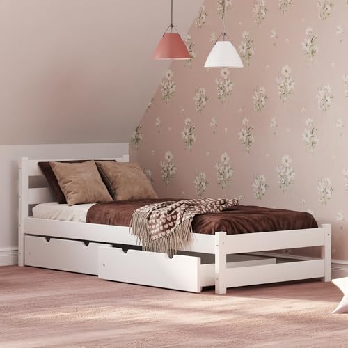 MEBLE WRÓBEL Kinderbett 90x200 cm in Weiß - Jugendbett Bett - Einzelbett aus Kiefernholz, MDF & HDF - mit 2 Schubladen und Lattenrost - Tagesbett ohne Matratze von MEBLE WRÓBEL