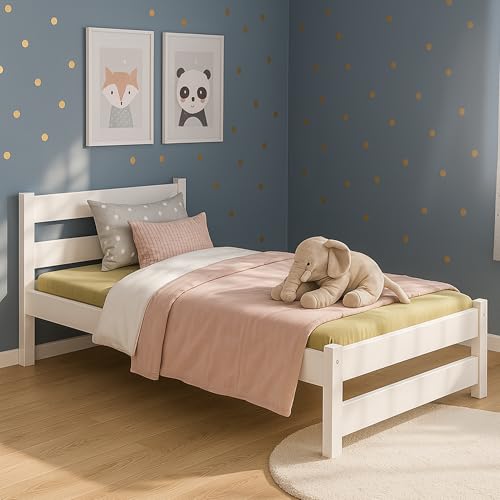 MEBLE WRÓBEL Kinderbett 90x200 cm in Weiß - Jugendbett Bett - Einzelbett aus Kiefernholz, MDF & HDF - mit Lattenrost - Tagesbett ohne Matratze von MEBLE WRÓBEL