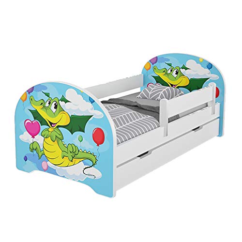 Jugendbett Kinderbett mit Rausfallschutz Matratze Schubladen und Lattenrost Kinderbetten für Mädchen und Junge 140x70cm oder 160x80cmKinder Bett mit eingebautem Kopfteil (140x70cm, Happy Dragon) von MEBLEX