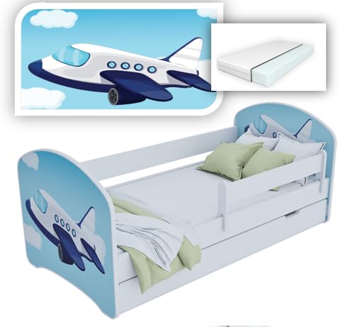 MEBLEX Jugendbett, Kinderbett mit Matratze, Bett mit Absturzsicherung 140 x 70 cm oder 160 x 80 cm Kinderbett mit eingebautem Kopfteil (140 x 70 cm, Small Plane) von MEBLEX