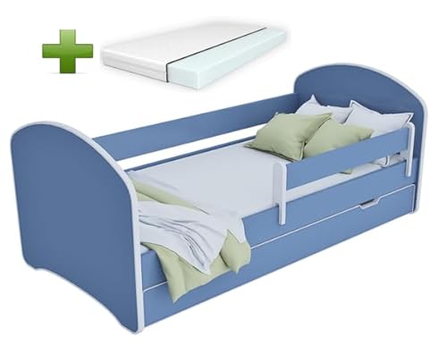 MEBLEX Jugendbett Kinderbett mit Rausfallschutz Matratze Schubladen und Lattenrost Kinderbetten für Mädchen und Junge 140x70cm oder 160x80cmKinder Bett mit eingebautem Kopfteil (160x80cm, Alles Blau) von MEBLEX